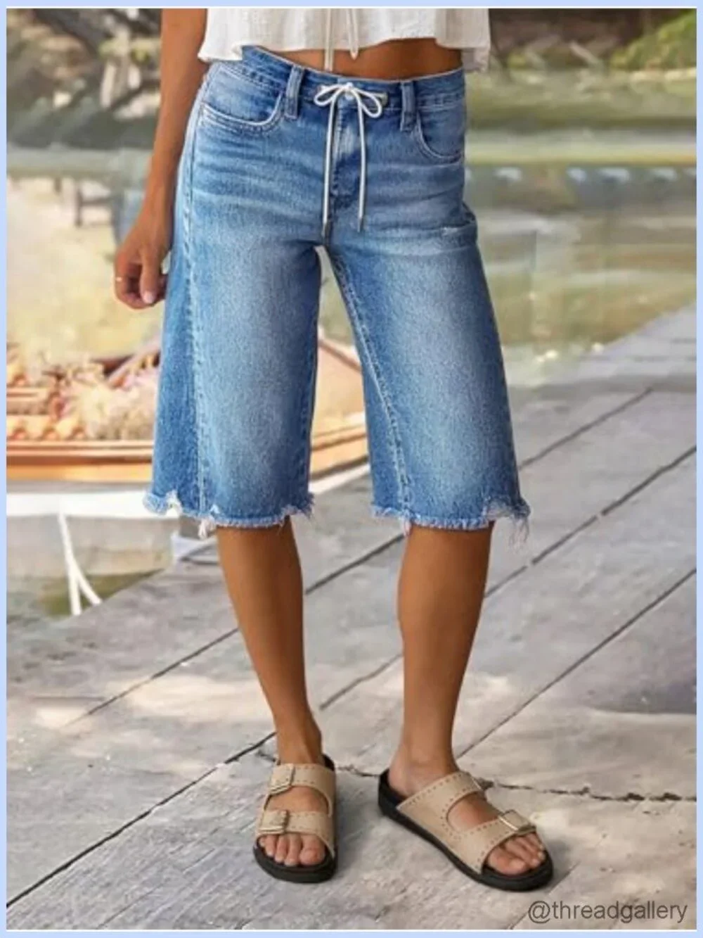Mid Rise Straight Leg Bermuda Drawstring Denim Shorts High Stretch Raw Hem